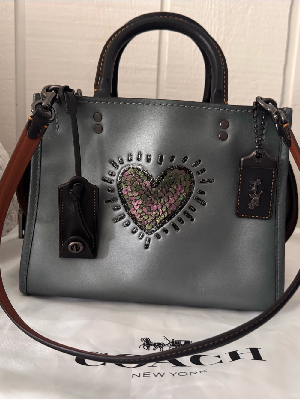 COACH x Keith Haring Gray Leather Satchel with Pink-Green Sequin Heart